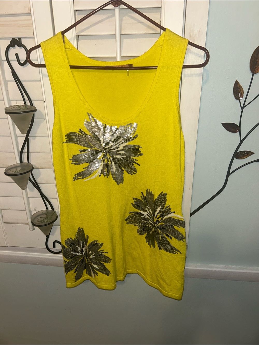 Belldini Yellow Tank Top with Silver Sequin Floral Details